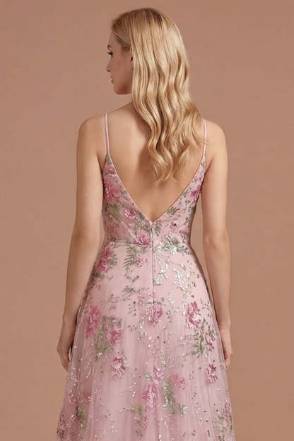 Floral Pink Appliqued A Line Spaghetti Straps Long Prom Dress