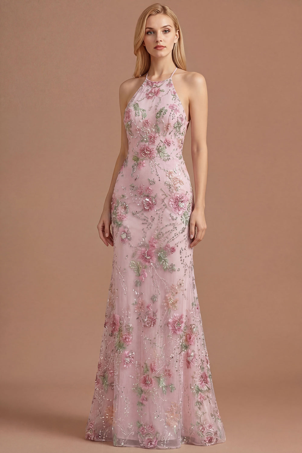 Leely Women Floral Pink Appliqued Sheath Halter Neck Long Prom Dress Beaded Backless Sleeveless Evening Dress