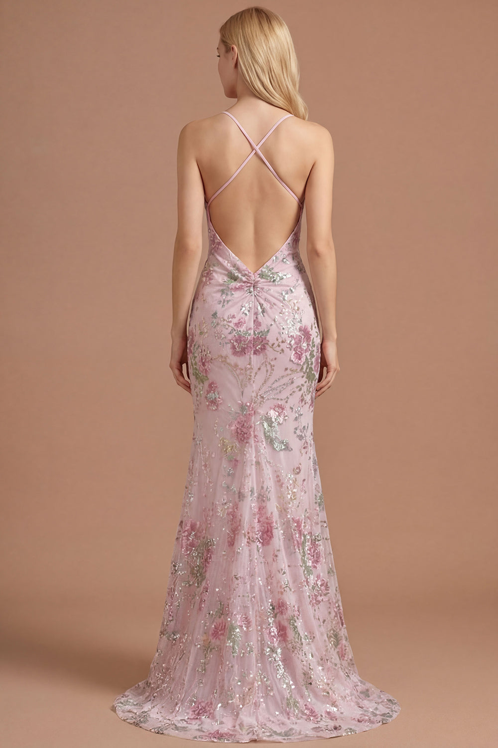 Floral Pink Appliqued Sheath Halter Neck Long Prom Dress
