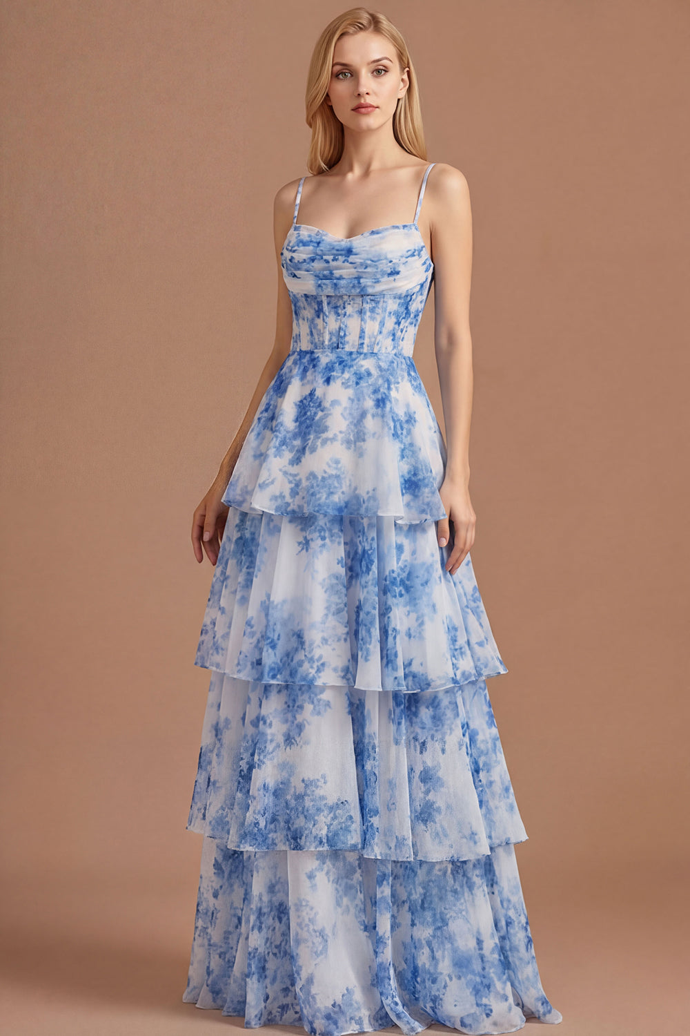 White Blue Floral Tiered Spaghetti Straps A Line Long Prom Dress