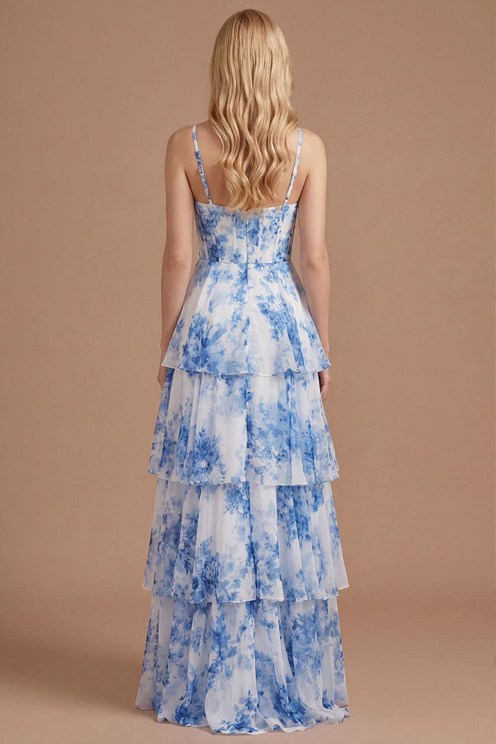 White Blue Floral Tiered Spaghetti Straps A Line Long Prom Dress