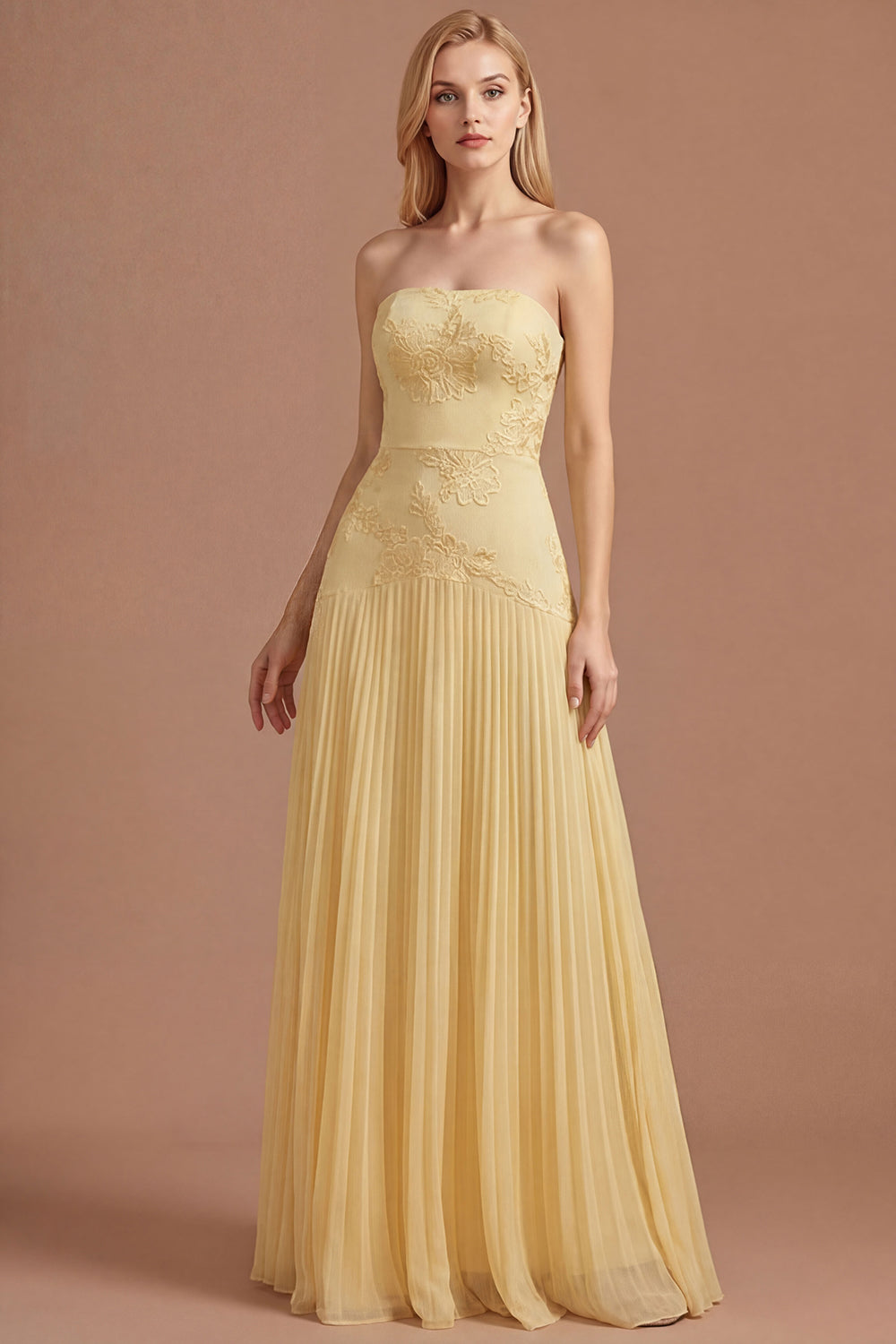 Leely Women Yellow A Line Strapless Pleated Floral Long Prom Dress Appliqued Backless Sleeveless Wedding Guest Dress
