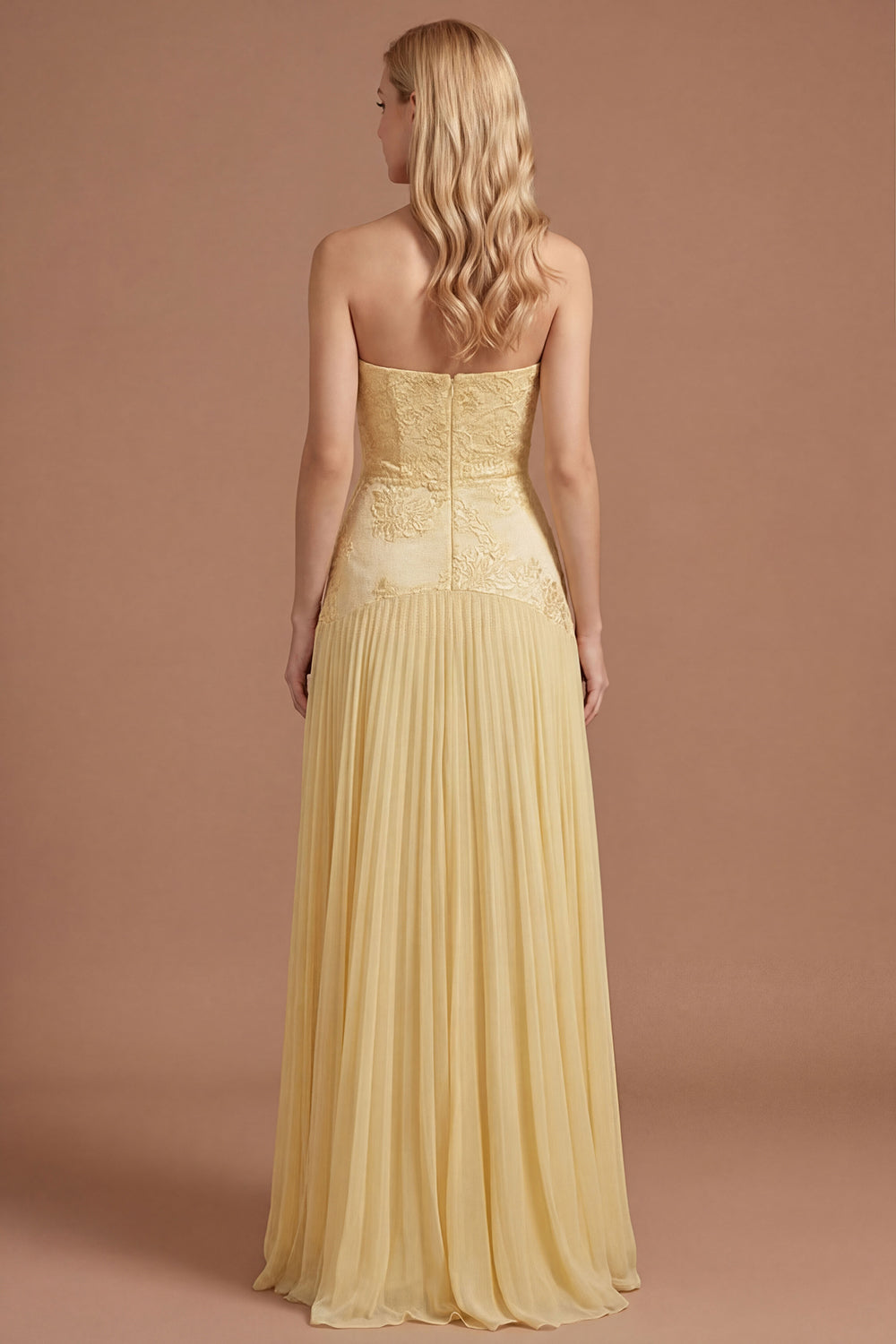 Yellow A Line Strapless Pleated Floral Appliqued Long Prom Dress