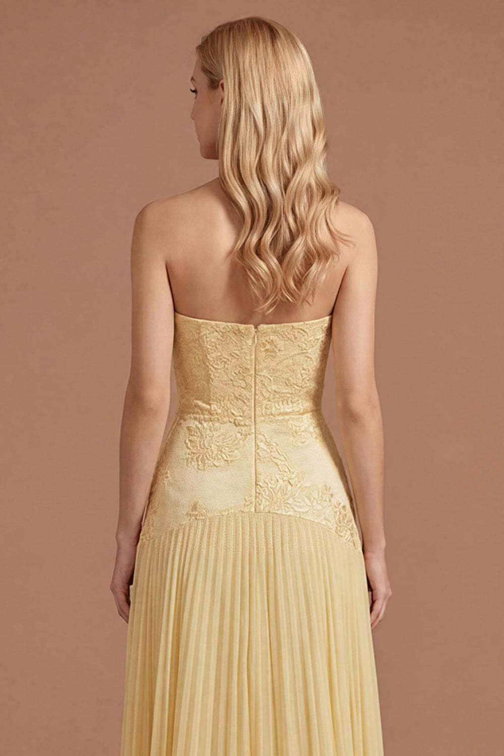 Yellow A Line Strapless Pleated Floral Appliqued Long Prom Dress