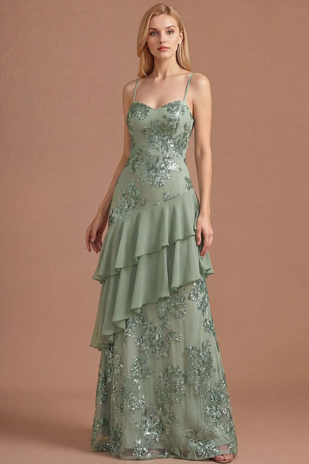 Leely Women Sage Green Floral A Line Long Prom Dress Appliqued Spaghetti Straps Backless Wedding Guest Dress