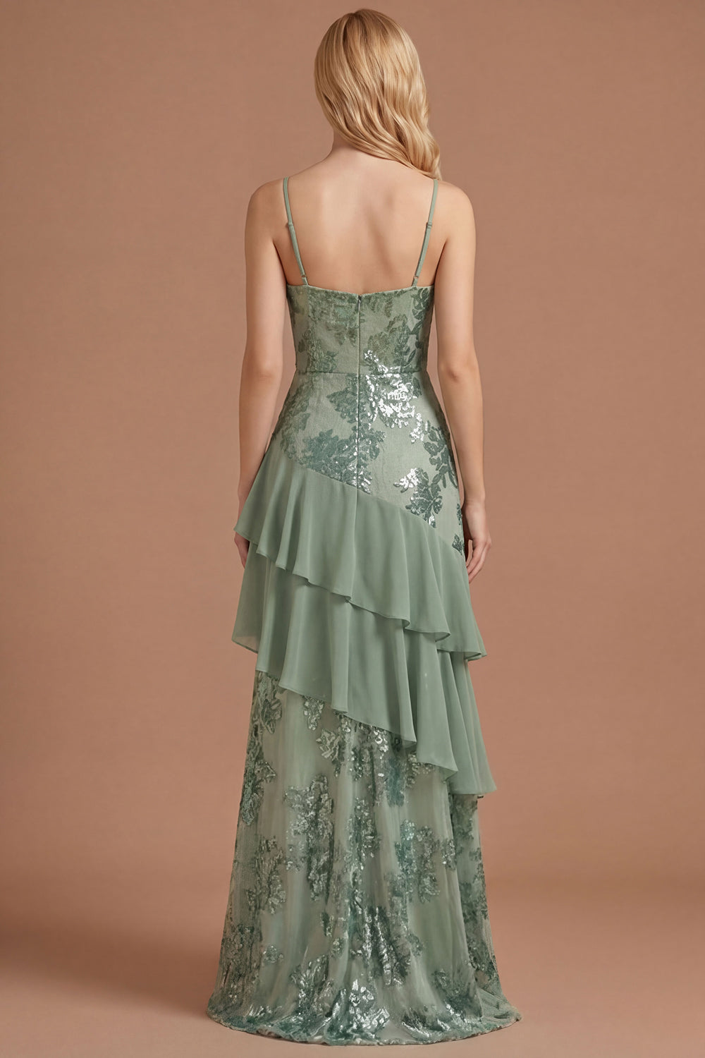 Sage Green Floral A Line Appliqued Spaghetti Straps Long Prom Dress