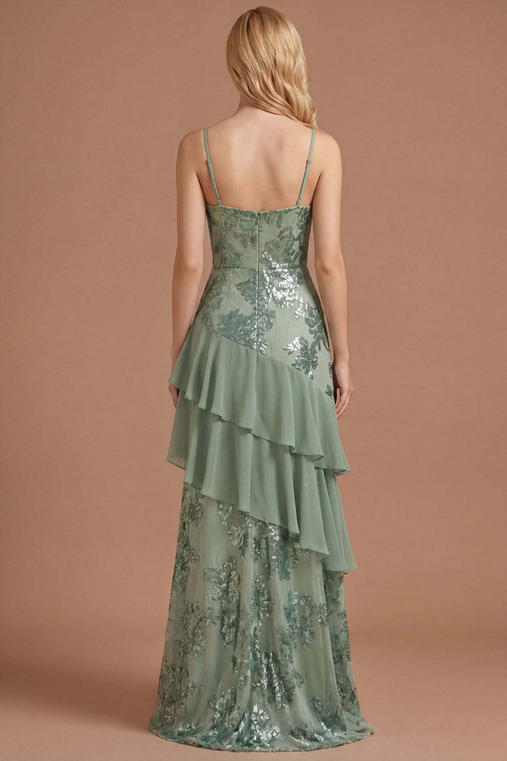 Sage Green Floral A Line Appliqued Spaghetti Straps Long Prom Dress