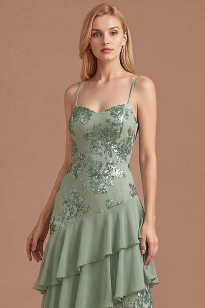 Sage Green Floral A Line Appliqued Spaghetti Straps Long Prom Dress