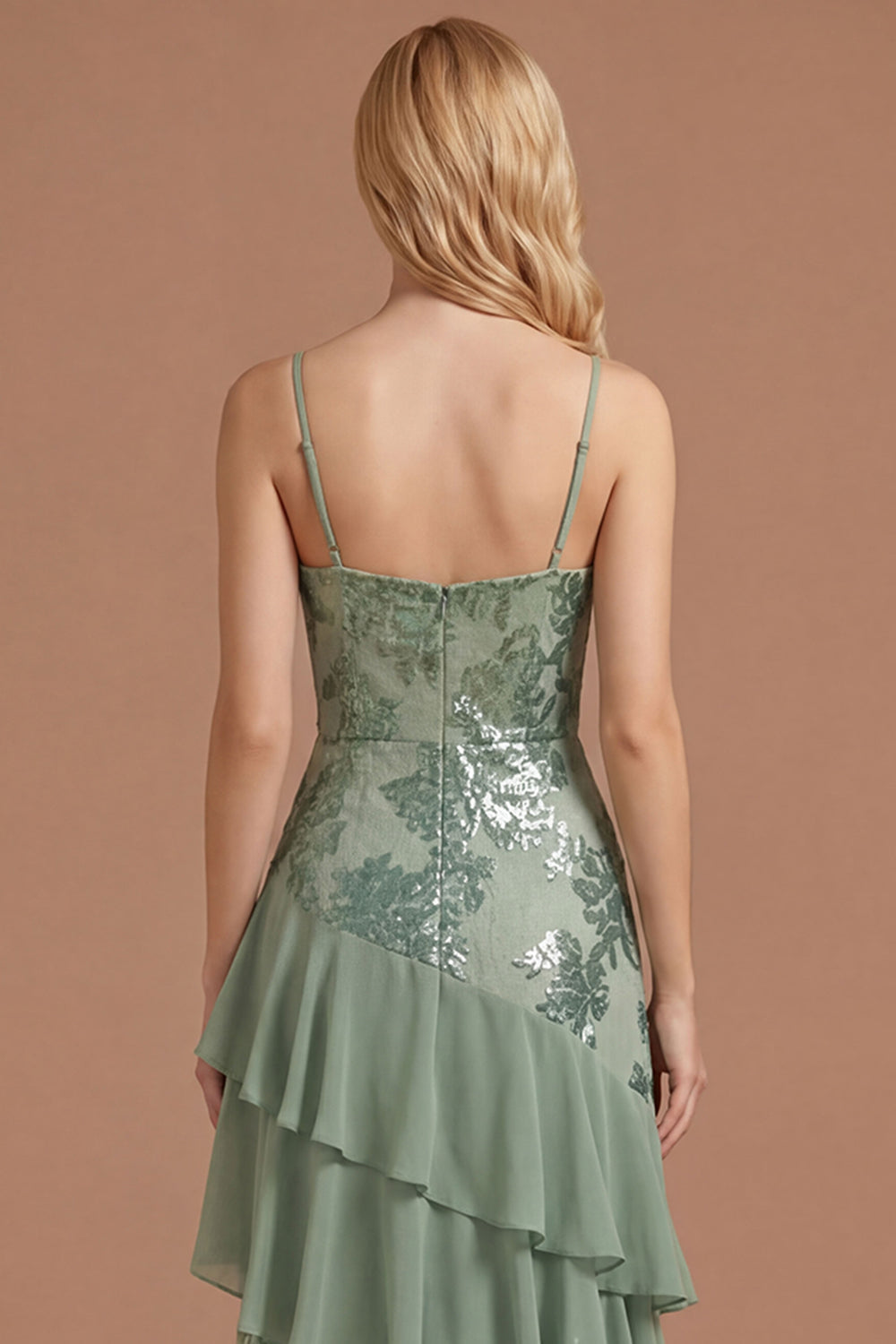 Sage Green Floral A Line Appliqued Spaghetti Straps Long Prom Dress
