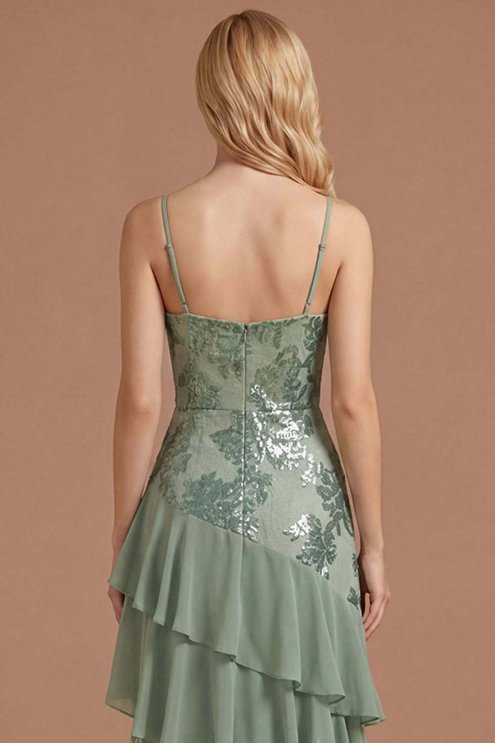 Sage Green Floral A Line Appliqued Spaghetti Straps Long Prom Dress