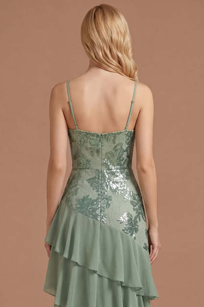 Sage Green Floral A Line Appliqued Spaghetti Straps Long Prom Dress