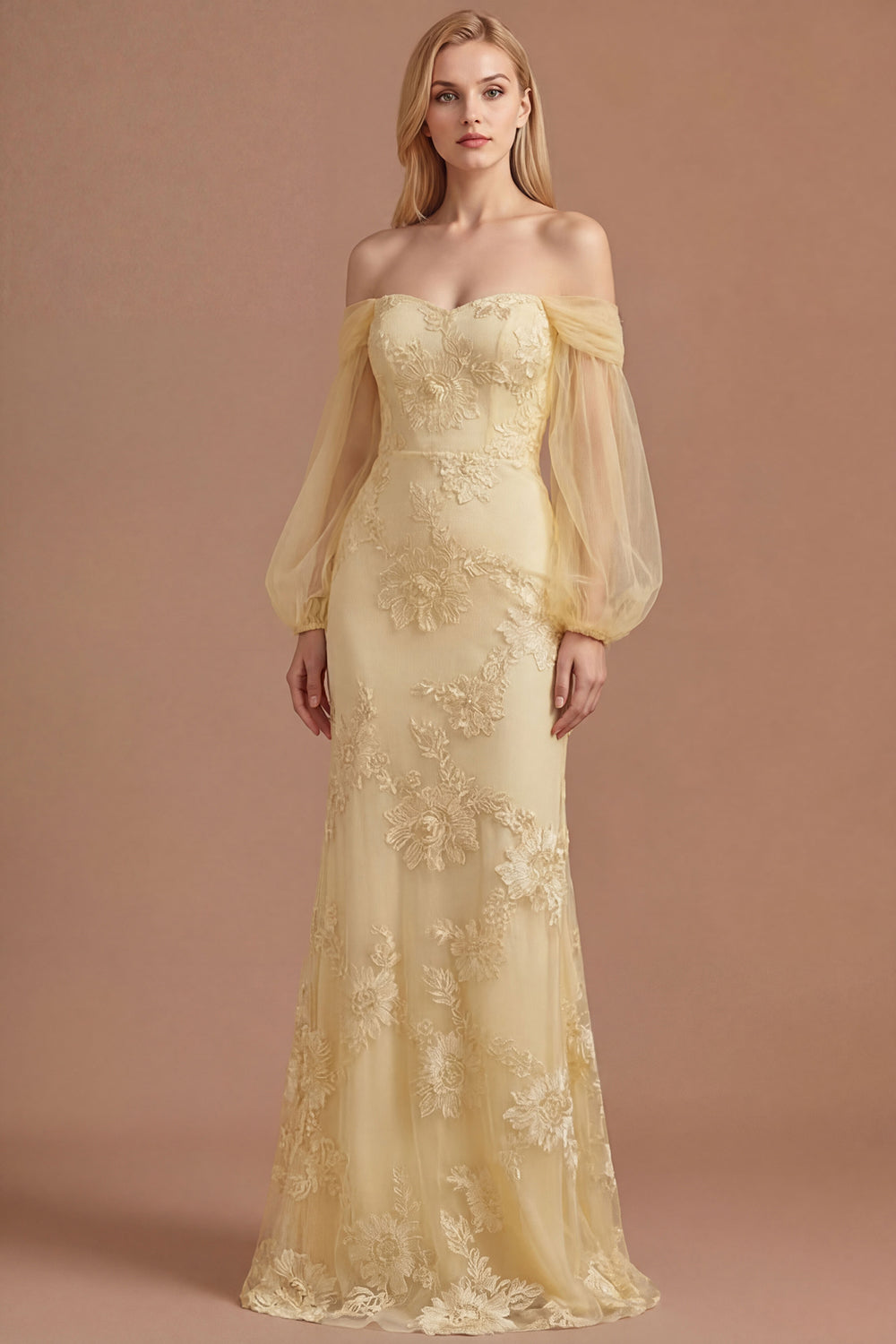 Leely Women Yellow Floral Off the Shoulder Sheath Long Prom Dress Appliqued Backless Sleeveless Wedding Guest Dress