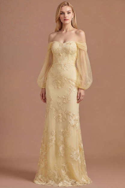 Leely Women Yellow Floral Off the Shoulder Sheath Long Prom Dress Appliqued Backless Sleeveless Wedding Guest Dress