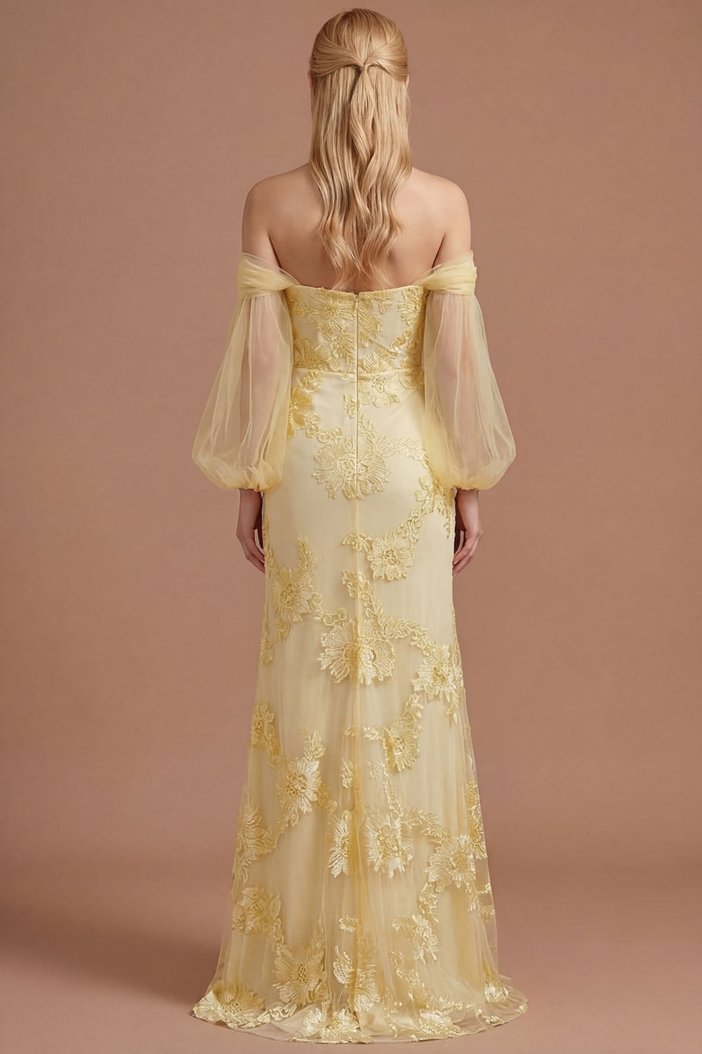 Yellow Floral Off the Shoulder Sheath Appliqued Long Prom Dress