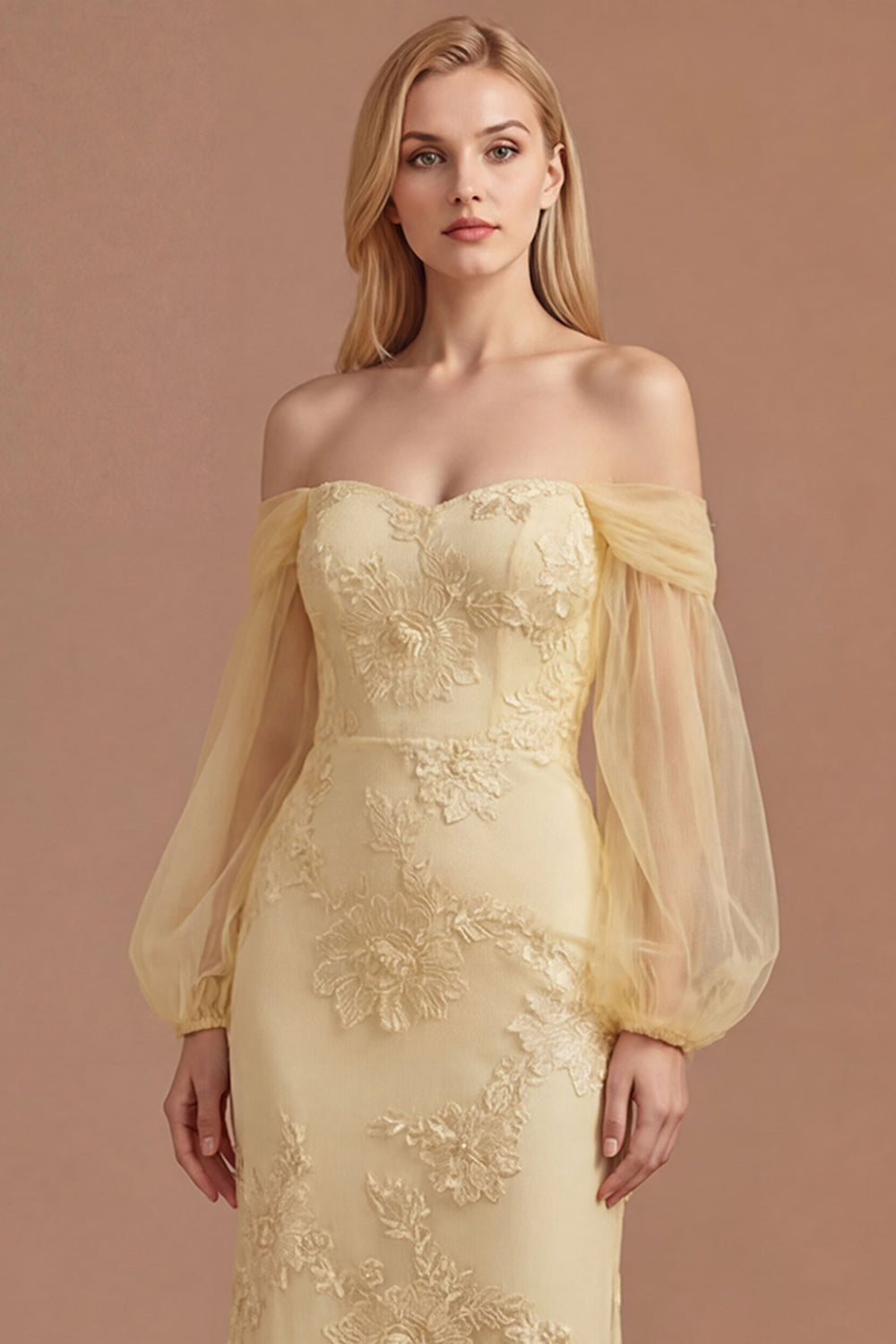 Yellow Floral Off the Shoulder Sheath Appliqued Long Prom Dress