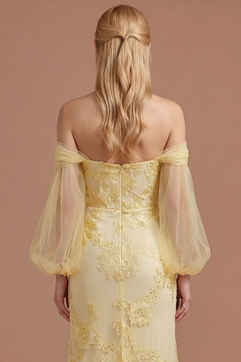 Yellow Floral Off the Shoulder Sheath Appliqued Long Prom Dress