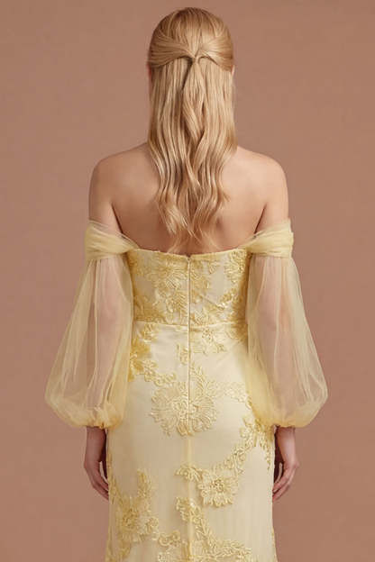 Yellow Floral Off the Shoulder Sheath Appliqued Long Prom Dress