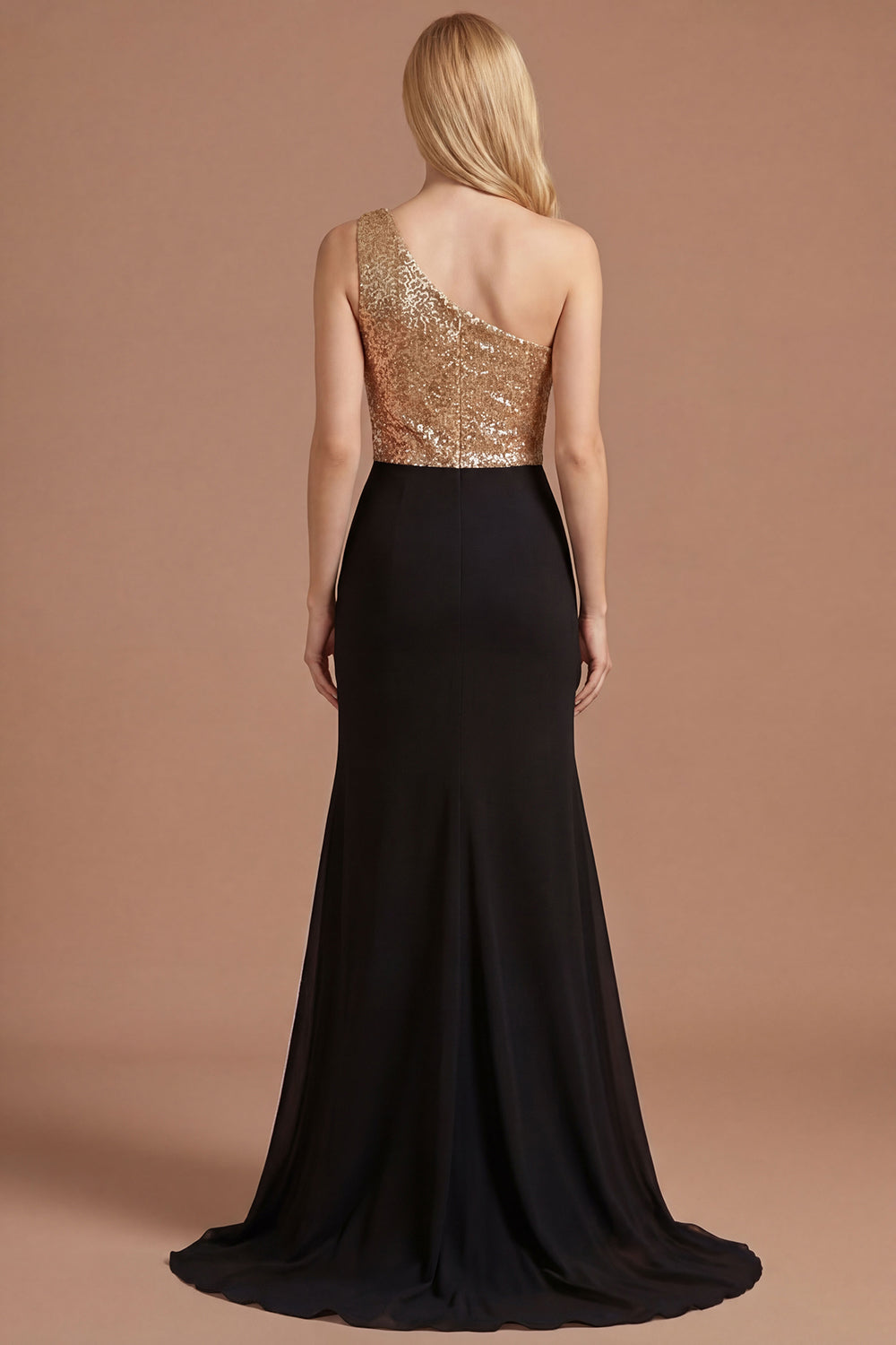 Gold and Black One Shoulder Ruched A Line Long Prom Dress with Slit