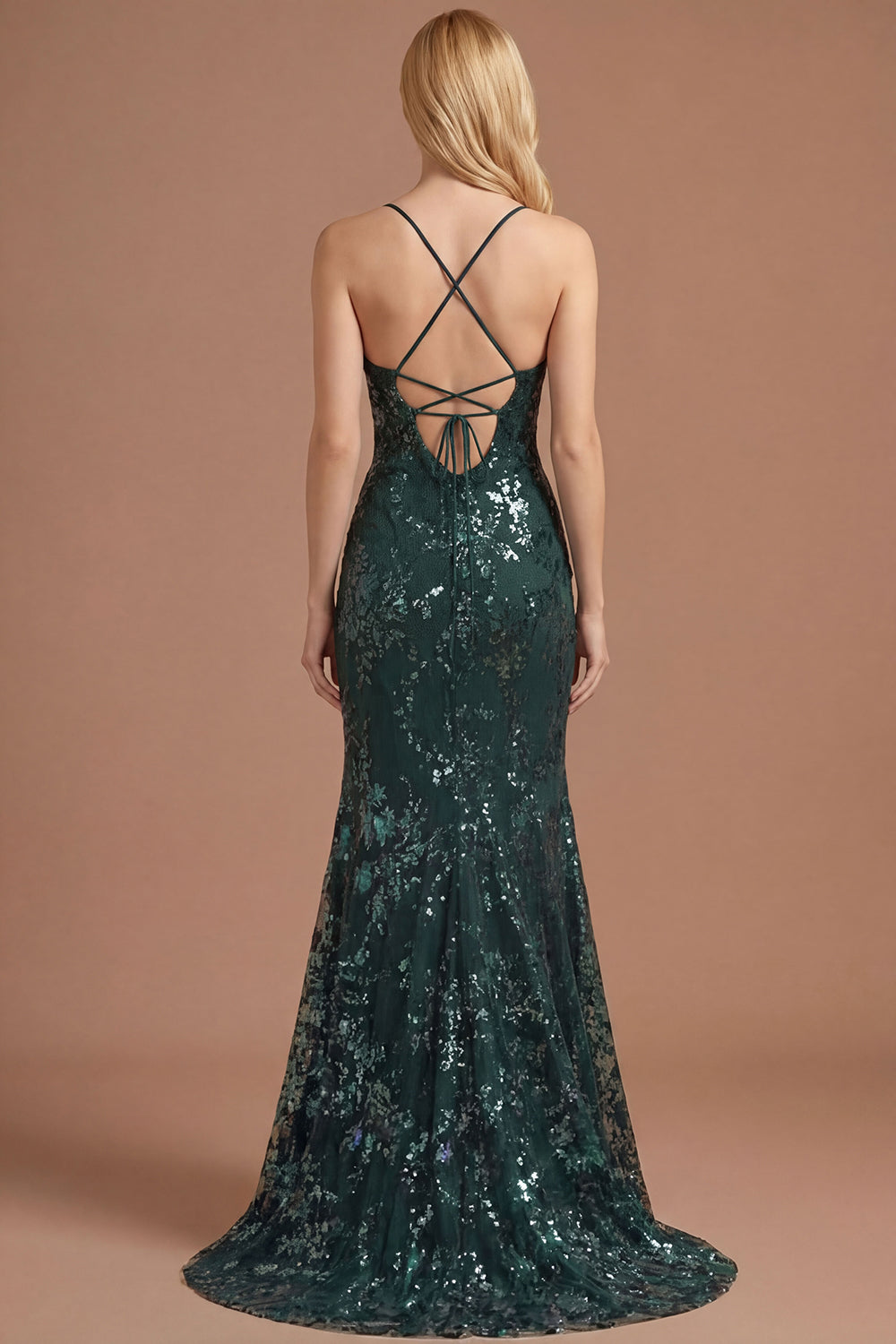 Dark Green Floral Sheath Spaghetti Straps Sparkly Sequined Long Prom Dress with Slit