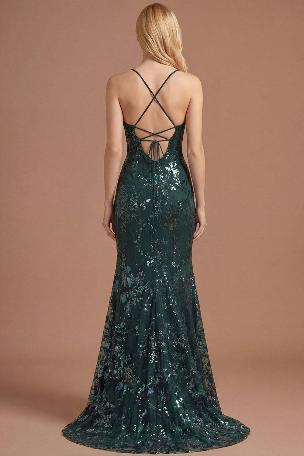 Dark Green Floral Sheath Spaghetti Straps Sparkly Sequined Long Prom Dress with Slit