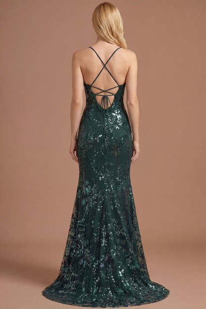 Dark Green Floral Sheath Spaghetti Straps Sparkly Sequined Long Prom Dress with Slit