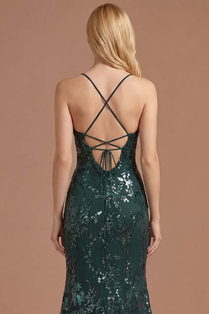 Dark Green Floral Sheath Spaghetti Straps Sparkly Sequined Long Prom Dress with Slit