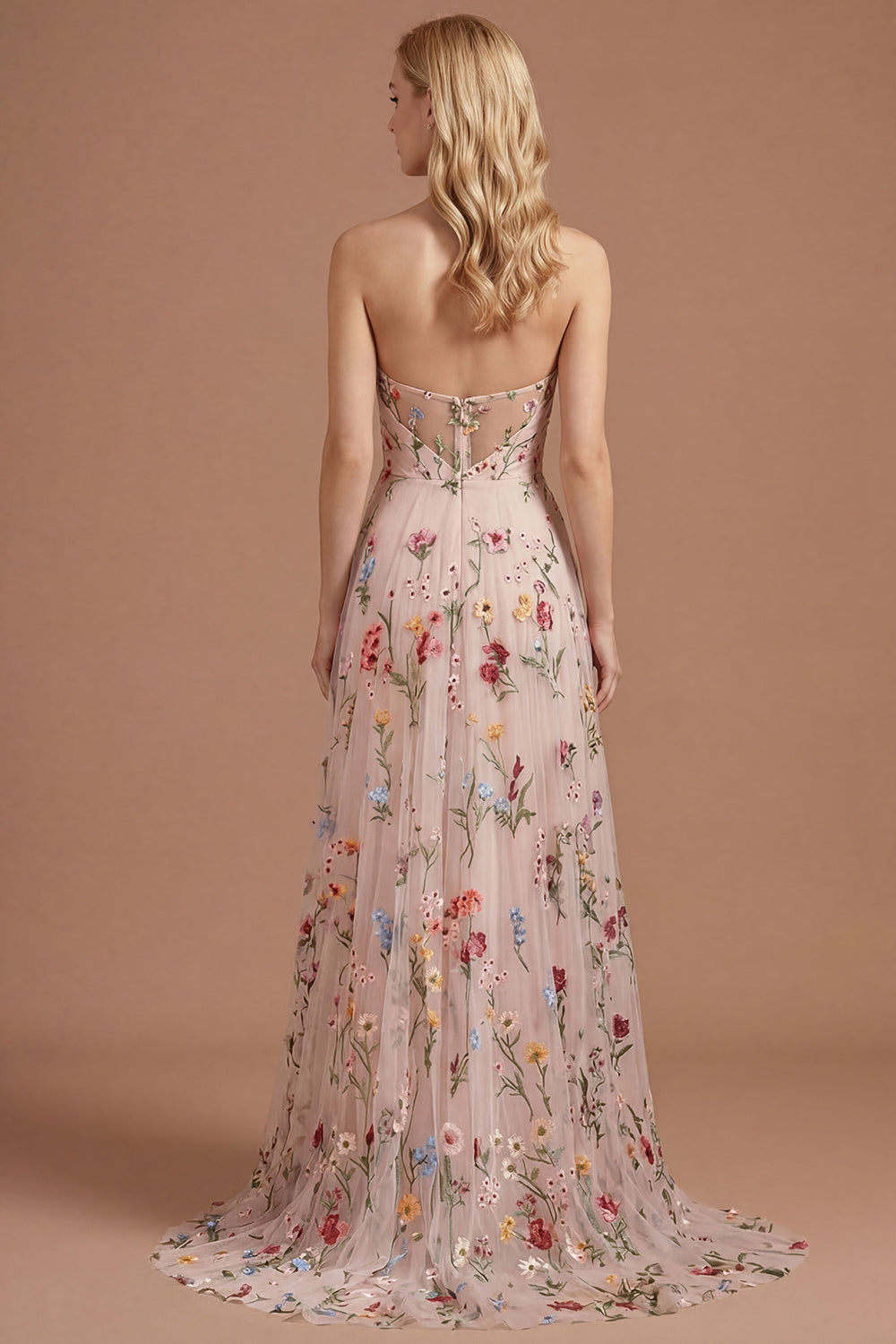 Ivory Floral A Line Sweetheart Pleated Long Prom Dress with Slit