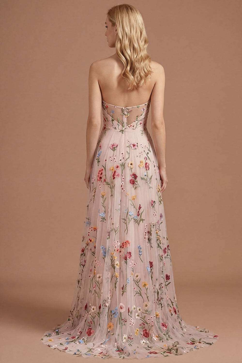 Ivory Floral A Line Sweetheart Pleated Long Prom Dress with Slit