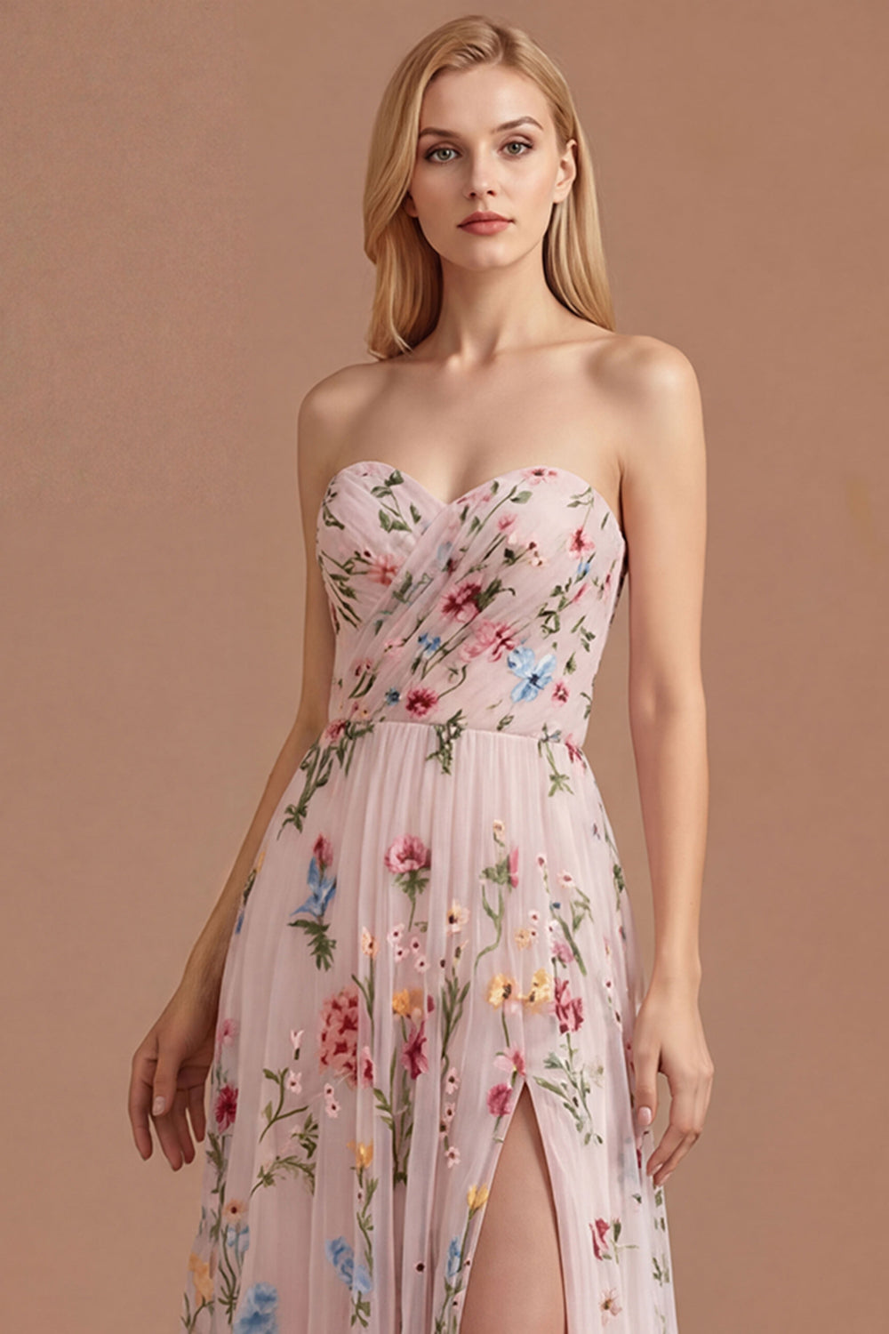 Ivory Floral A Line Sweetheart Pleated Long Prom Dress with Slit