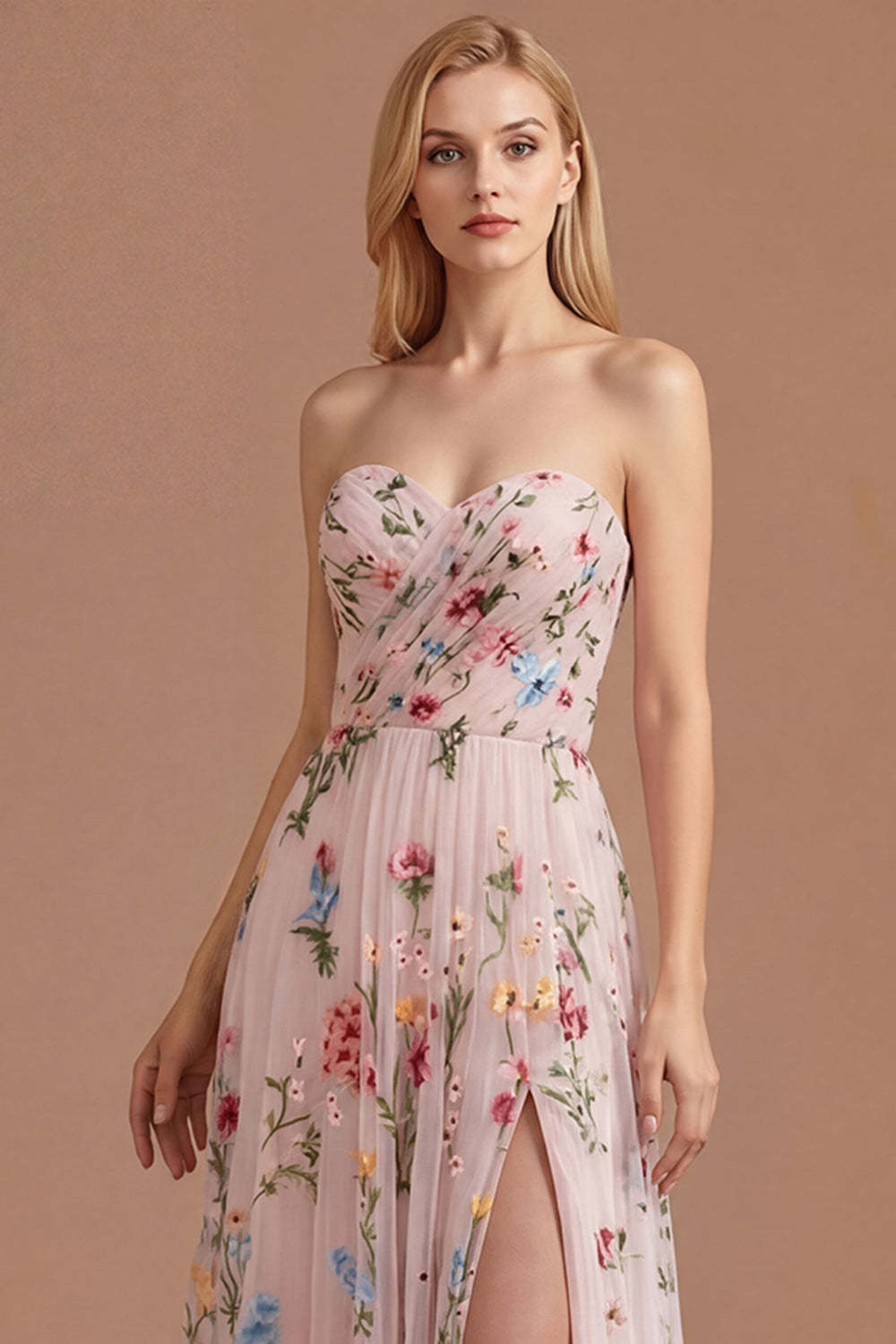 Ivory Floral A Line Sweetheart Pleated Long Prom Dress with Slit