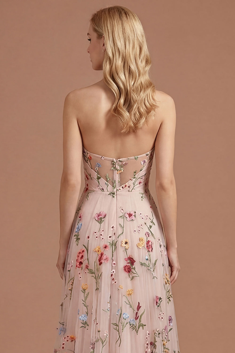 Ivory Floral A Line Sweetheart Pleated Long Prom Dress with Slit