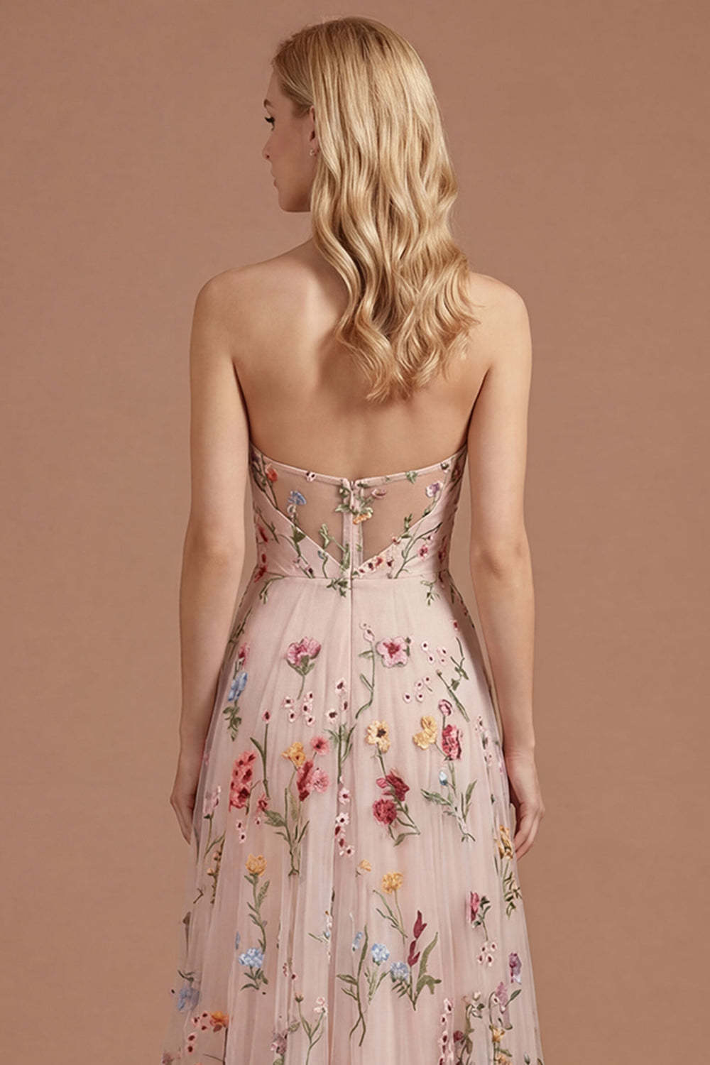 Ivory Floral A Line Sweetheart Pleated Long Prom Dress with Slit