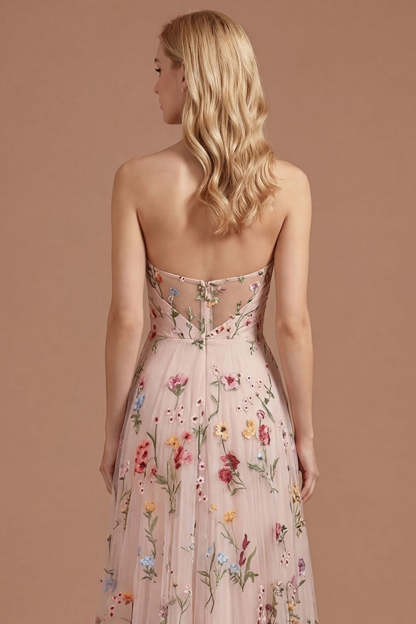 Ivory Floral A Line Sweetheart Pleated Long Prom Dress with Slit