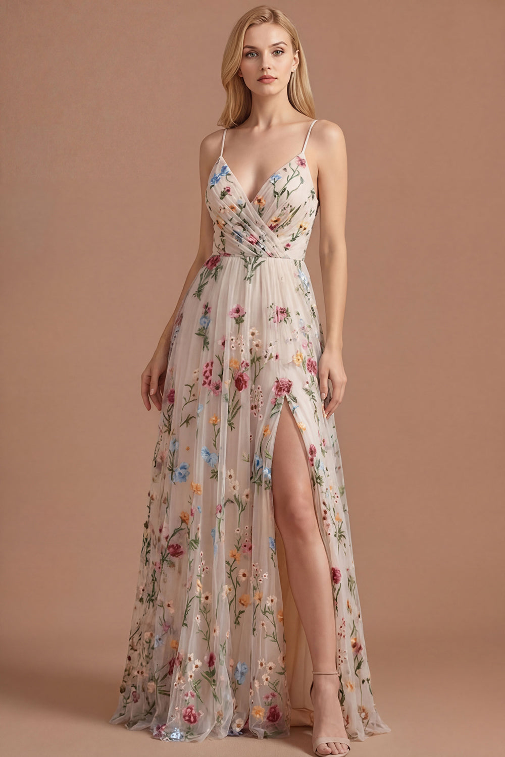 Spaghetti Straps Ivory Floral A Line Sweetheart Pleated Long Prom Dress with Slit