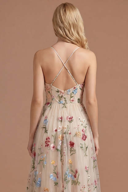 Spaghetti Straps Ivory Floral A Line Sweetheart Pleated Long Prom Dress with Slit