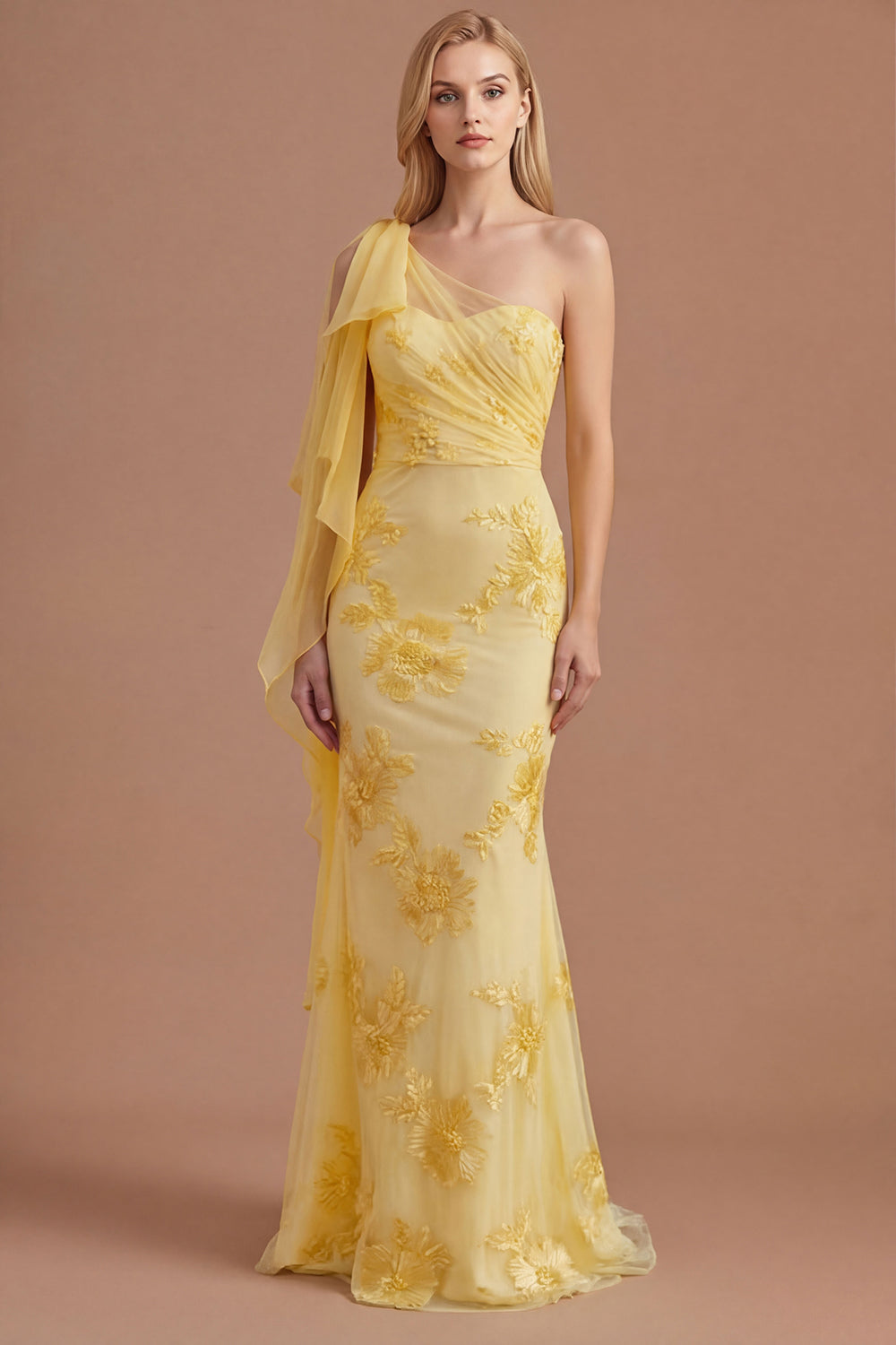 Leely Women Ruched Yellow Floral Appliqued Long Prom Dress with Cape One Shoulder Sheath Backless Evening Dress