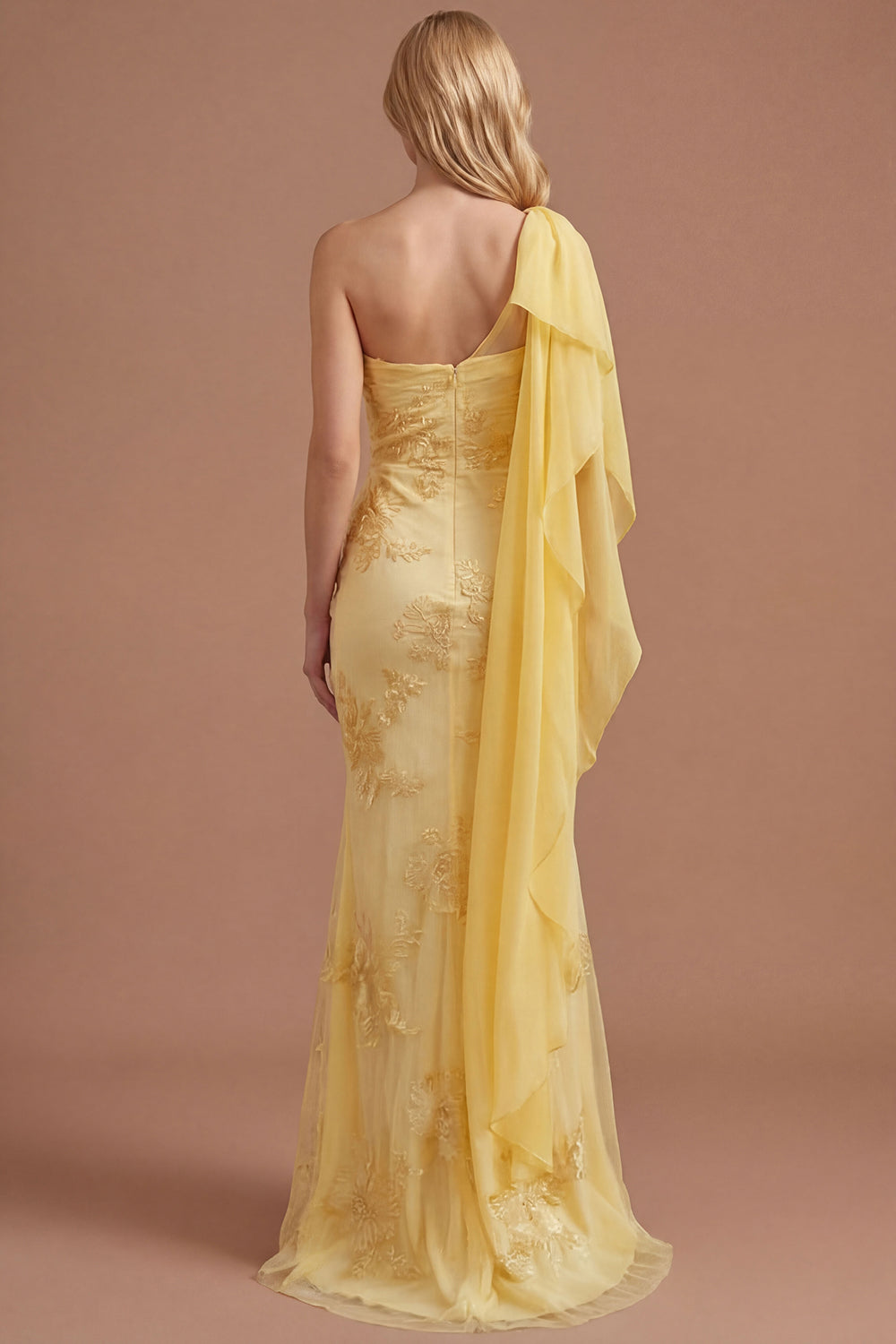 Ruched Yellow Floral One Shoulder Sheath Appliqued Long Prom Dress with Cape