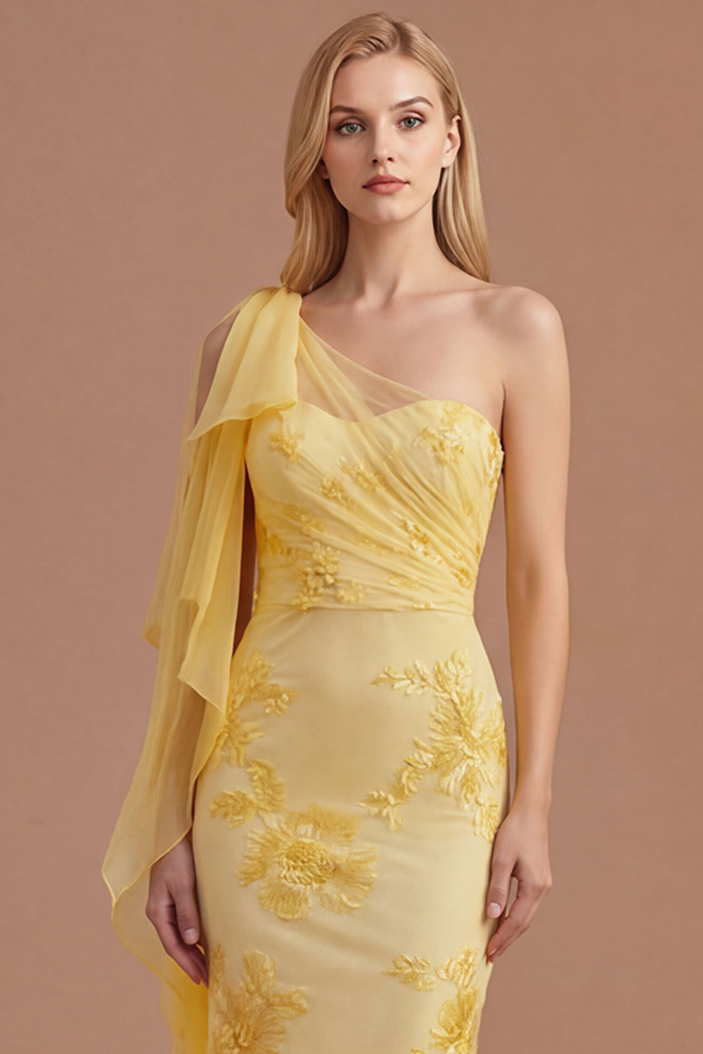 Ruched Yellow Floral One Shoulder Sheath Appliqued Long Prom Dress with Cape