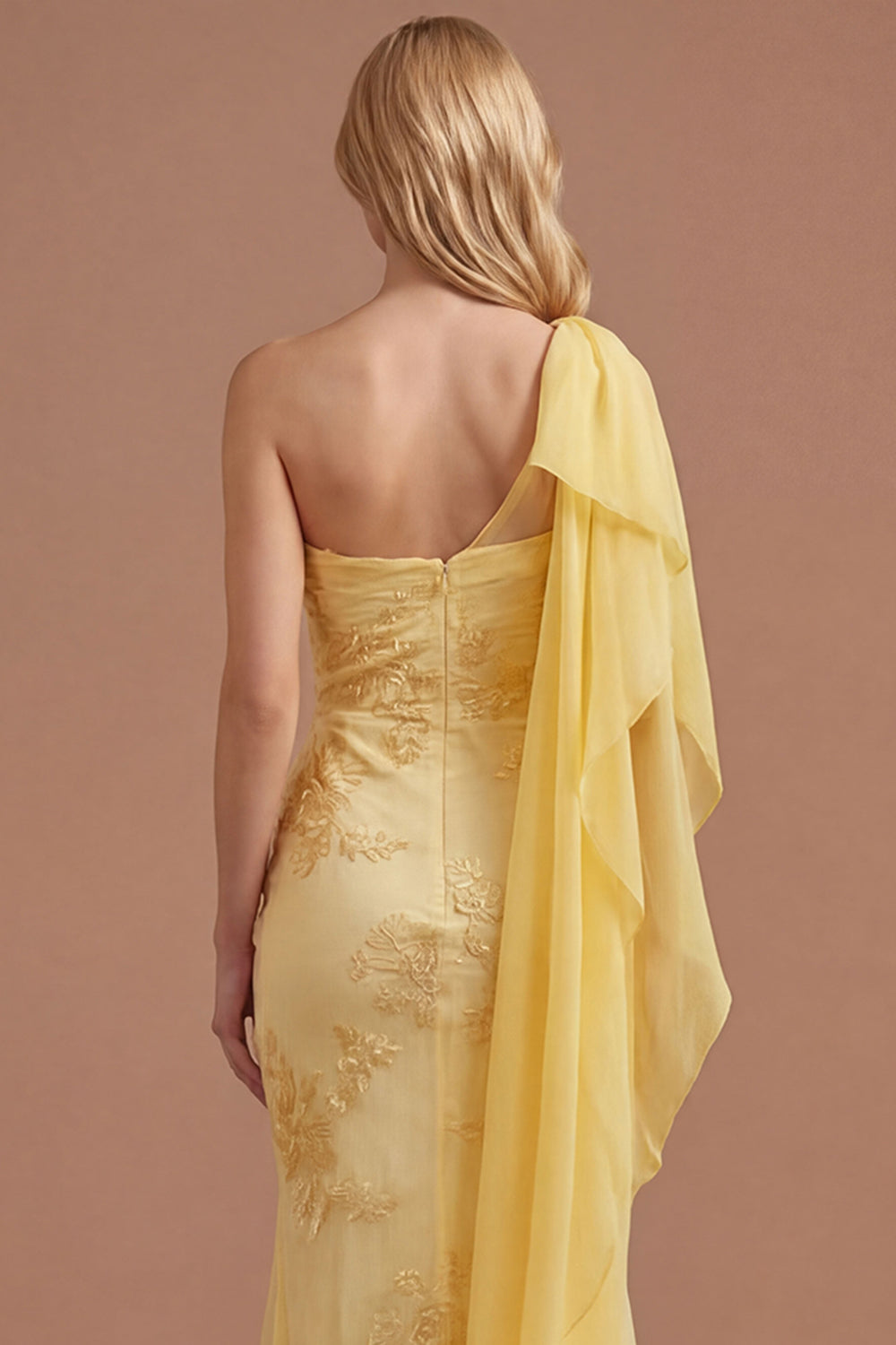 Ruched Yellow Floral One Shoulder Sheath Appliqued Long Prom Dress with Cape