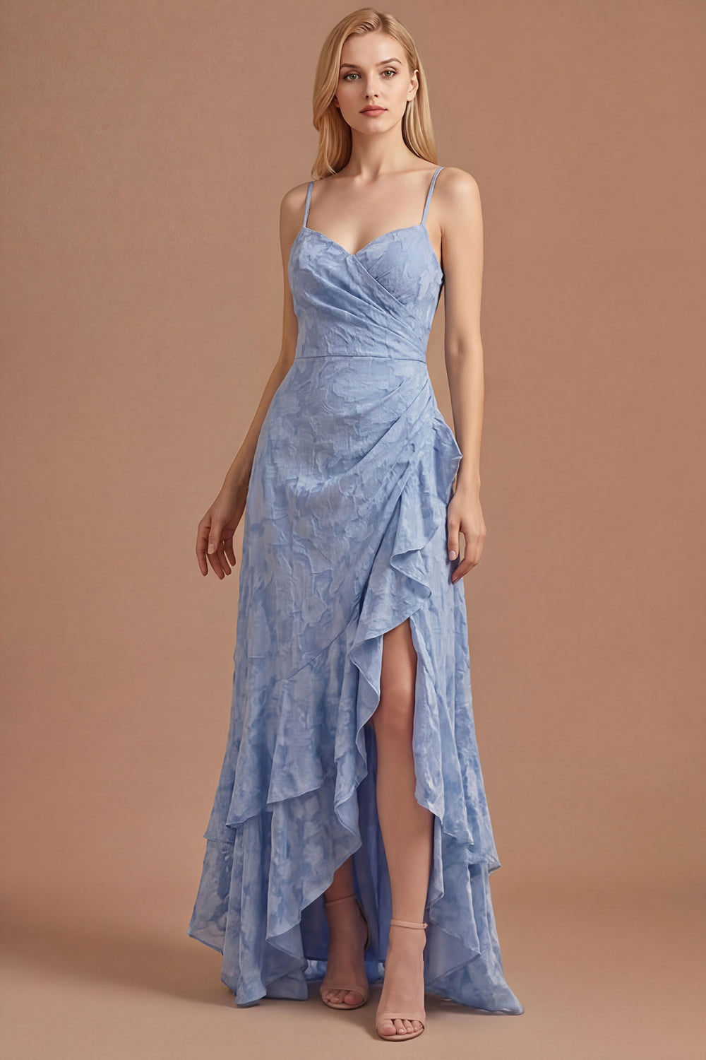 Dusty Blue Floral Spaghetti Straps Appliqued Ruched Ruffled Long Prom Dress with Slit