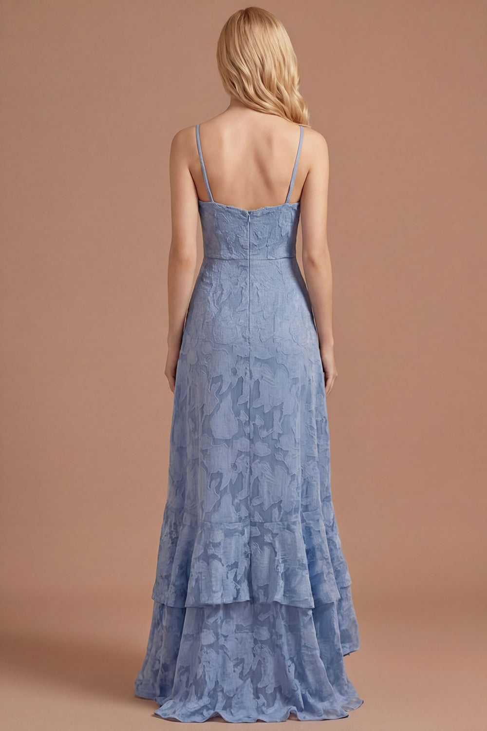 Dusty Blue Floral Spaghetti Straps Appliqued Ruched Ruffled Long Prom Dress with Slit