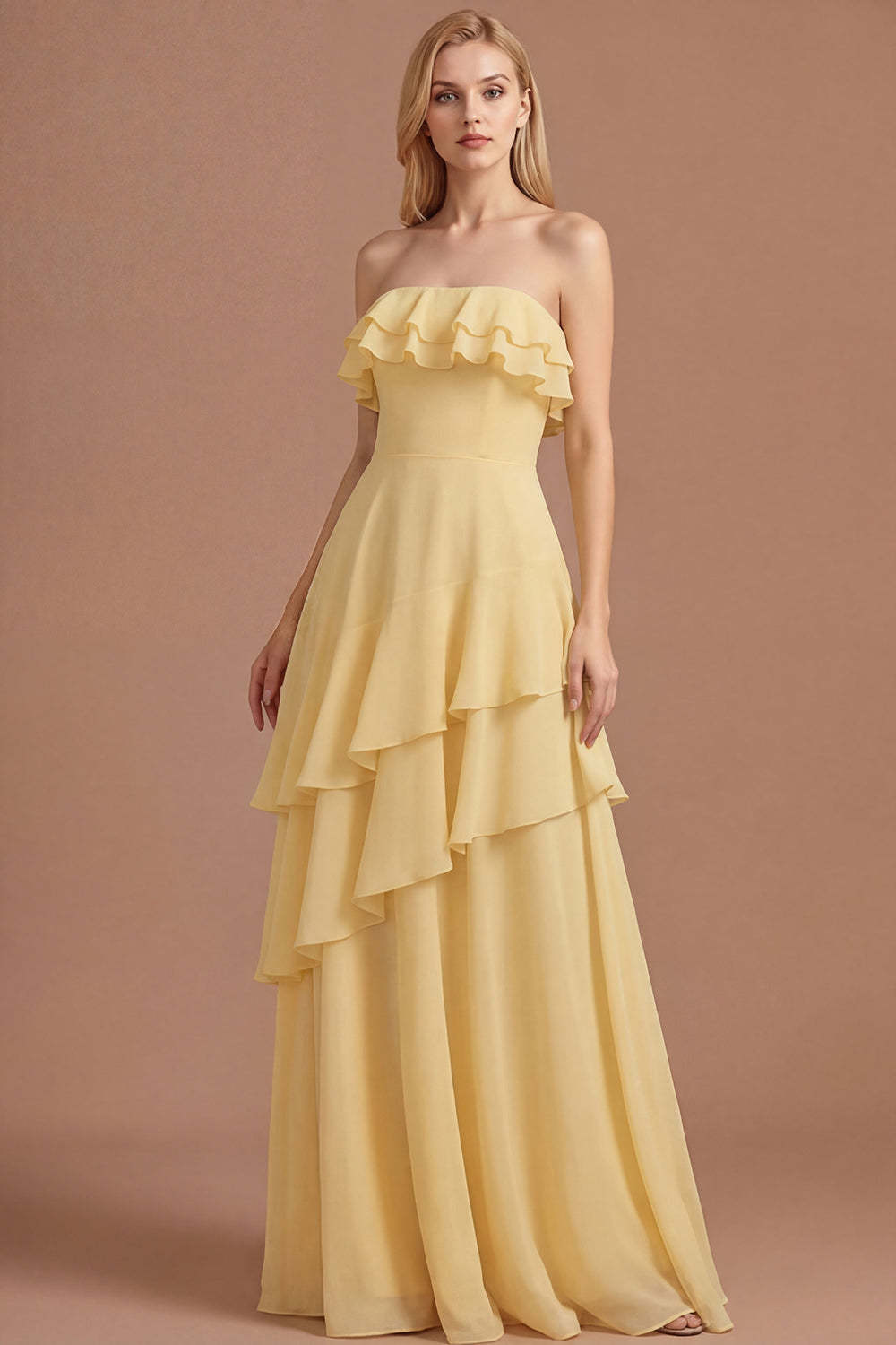 Leely Women Yellow Ruffled Strapless Tiered A Line Long Prom Dress Backless Sleeveless Formal Dress