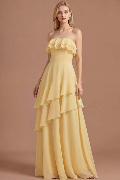 Leely Women Yellow Ruffled Strapless Tiered A Line Long Prom Dress Backless Sleeveless Formal Dress