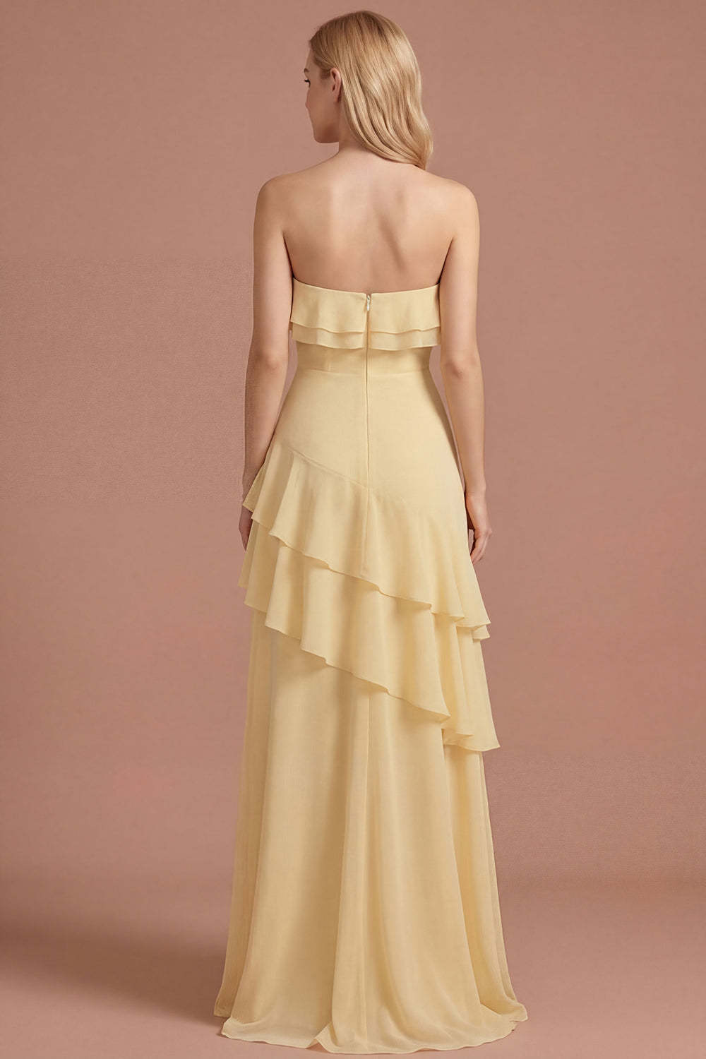 Yellow Ruffled Strapless Tiered A Line Long Prom Dress