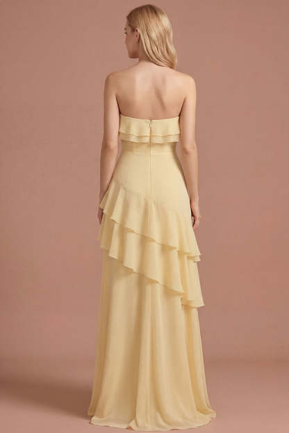 Yellow Ruffled Strapless Tiered A Line Long Prom Dress