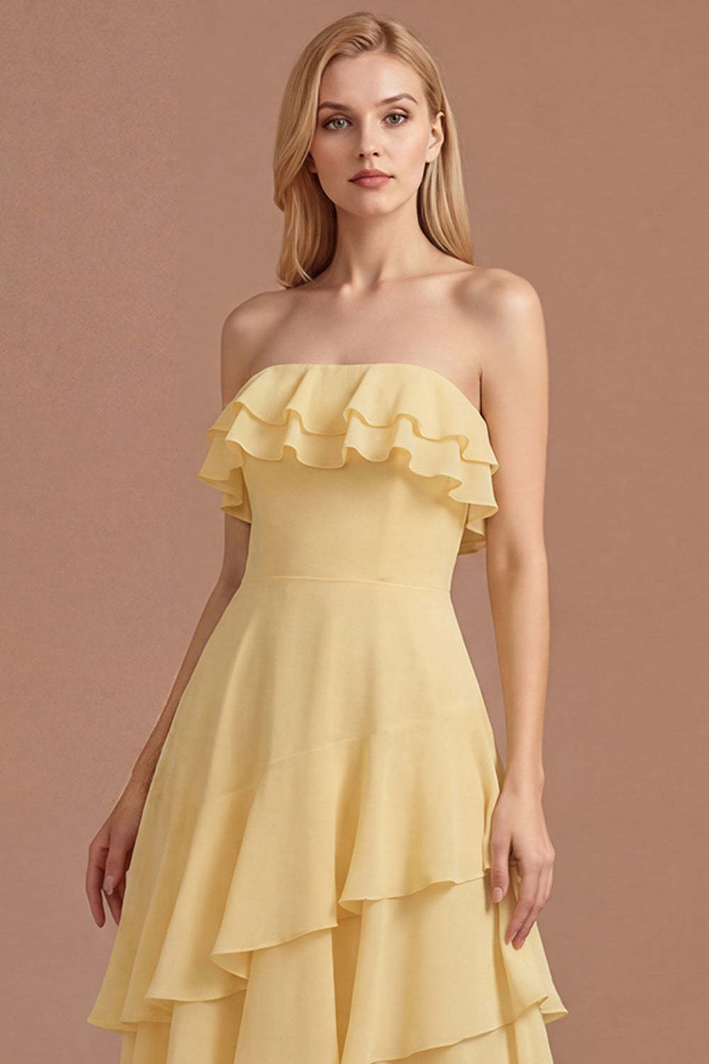Yellow Ruffled Strapless Tiered A Line Long Prom Dress