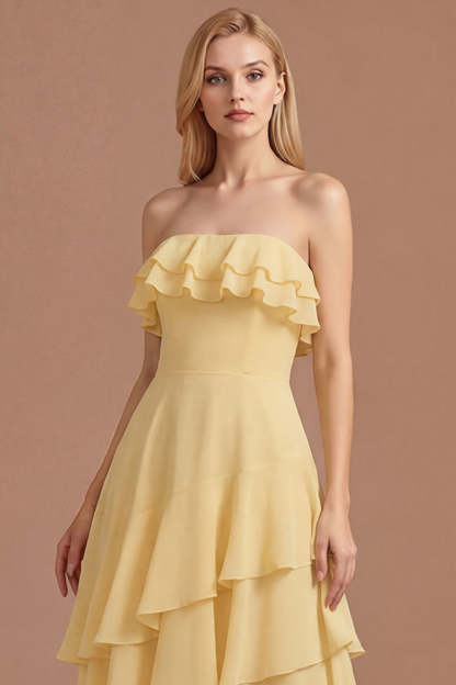 Yellow Ruffled Strapless Tiered A Line Long Prom Dress