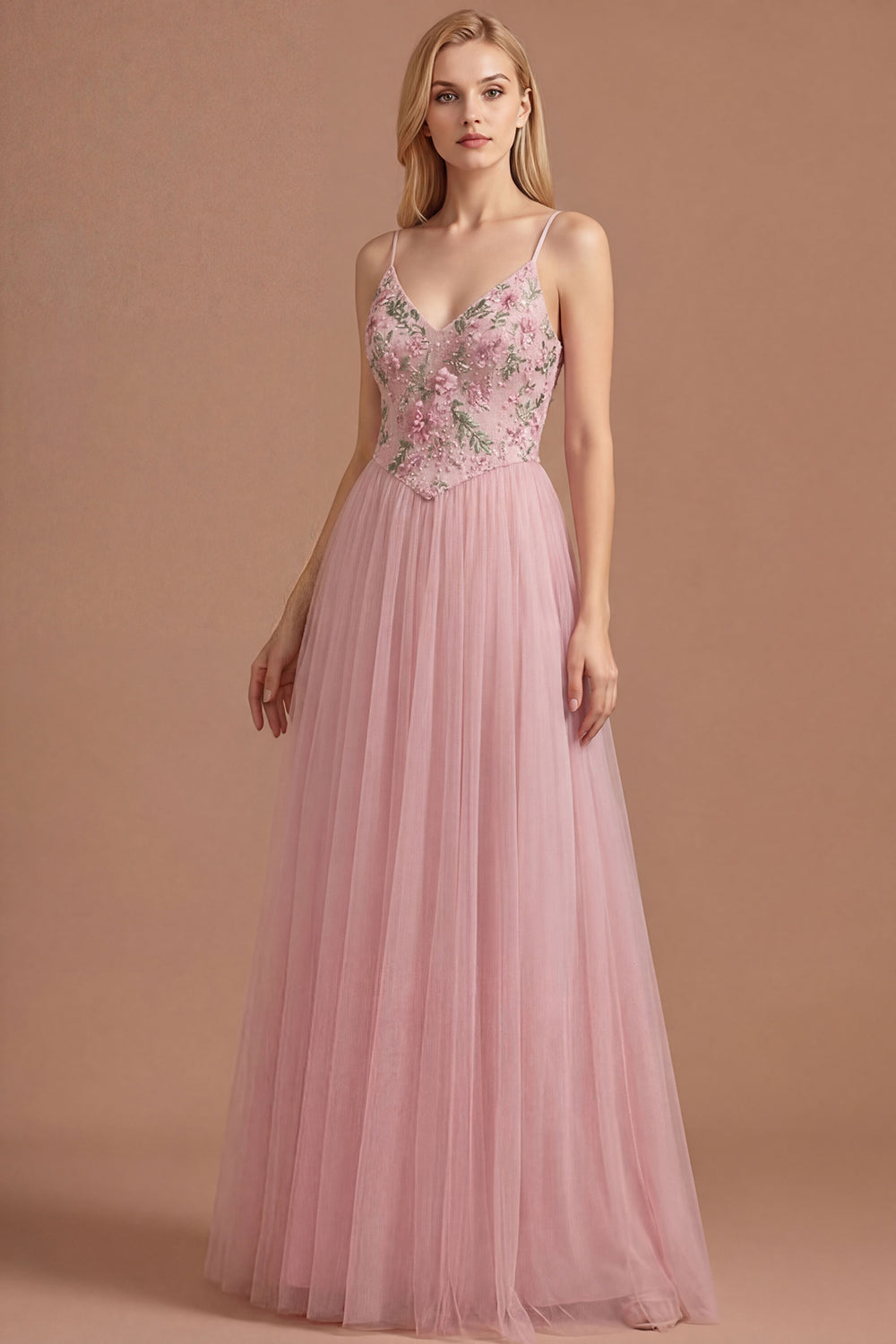 Pink A Line Floral Spaghetti Straps Appliqued Long Prom Dress