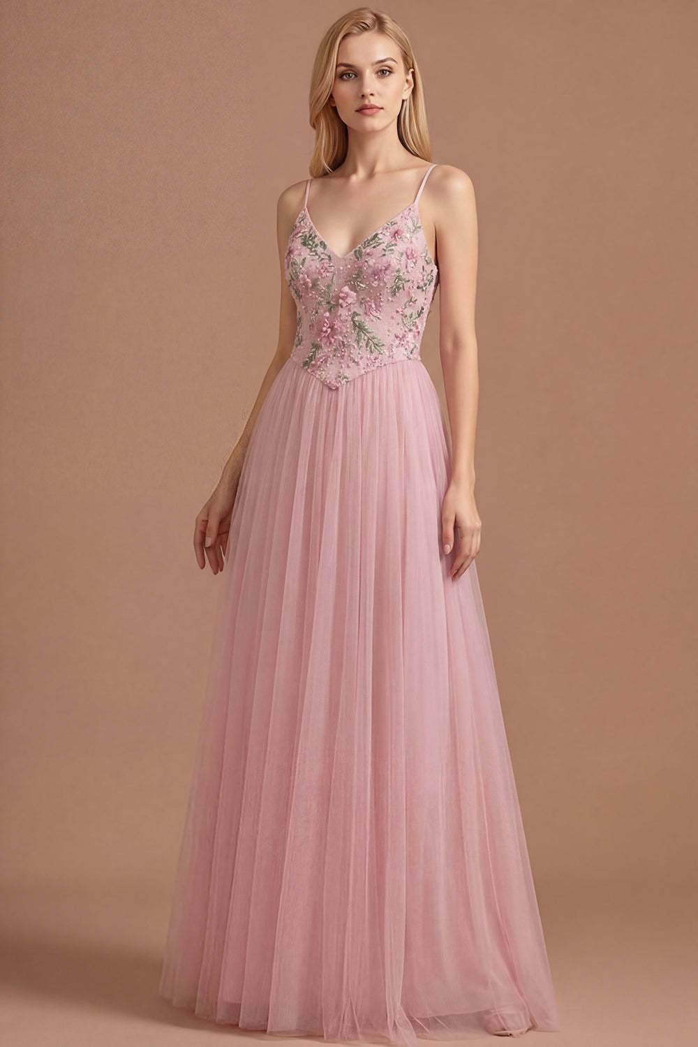 Leely Women Pink A Line Floral Spaghetti Straps Appliqued Long Prom Dress Backless Sleeveless Formal Dress