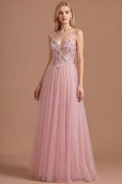 Leely Women Pink A Line Floral Spaghetti Straps Appliqued Long Prom Dress Backless Sleeveless Formal Dress